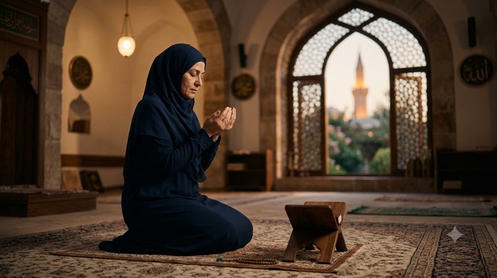 Ilustrasi wanita sedang berdoa di bulan Muharram.