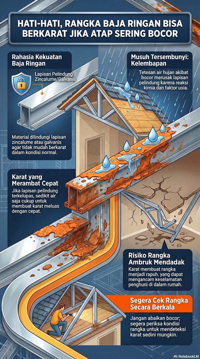 Infografis kebocoran atap bisa sebabkan rangka baja ringan berkarat