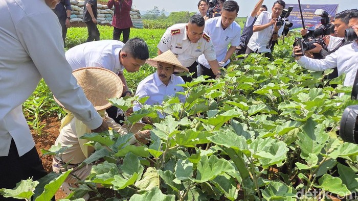 Menteri Imipas Agus Andrianto menyerahkan bantuan sosial (bansos) bedah rumah di Desa Warungkiara, Kabupaten Sukabumi, Jawa Barat. (Taufiq S/detikcom)