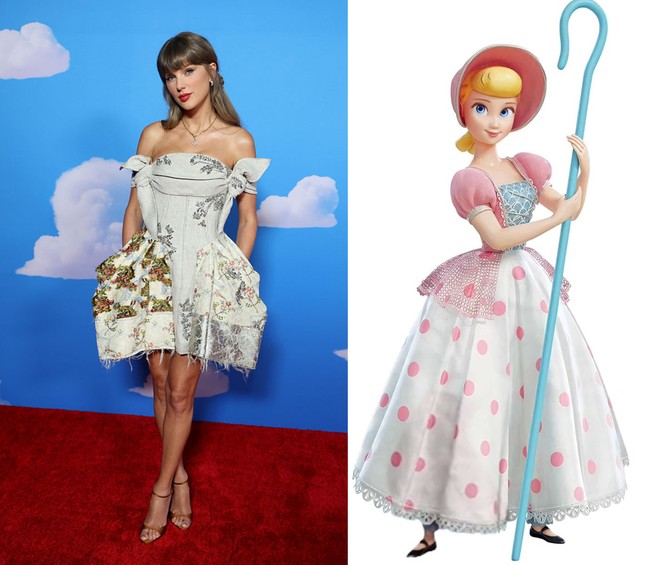 Gaun dengan model off-shoulder ini memberi nuansa feminin klasik sekaligus dreamy. Penampilannya mengingatkan pada karakter Bo Peep dari franchise Disney-Pixar tersebut. Bo Peep digambarkan sebagai mainan berbentuk boneka wanita berambut pirang dan memakai gaun, dengan karakter lembut nan anggun di dua film pertamanya. Foto: Getty Images, Disney-Pixar