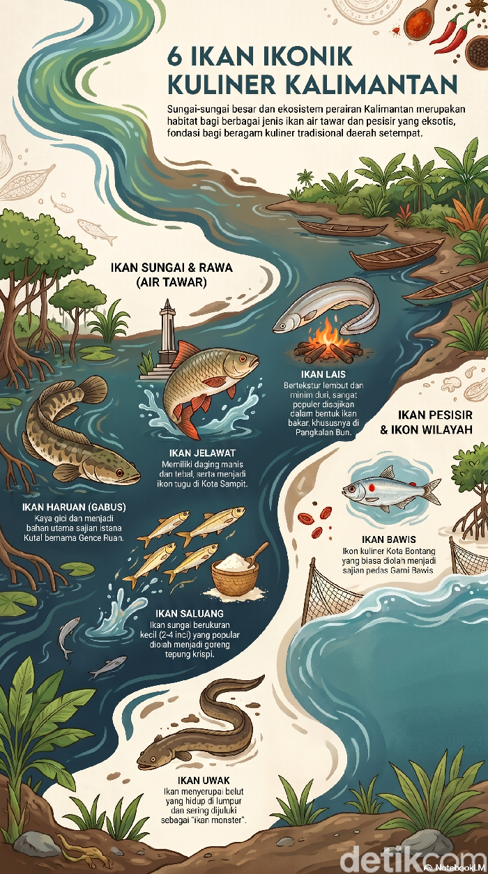 6 Ikan Ikonik Kuliner Khas Kalimantan. (Infografis: Notebook LM Google)