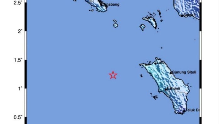 Peta gempa tektonik dirasakan di Nias Barat, Sumatera Utara, akibat aktivitas megathrust. (ANTARA/HO-BMKG)