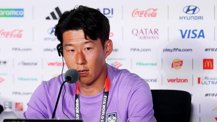 GUADALAJARA, MEXICO - JUNE 10: Heung-Min Son #7 of Korea Republic speaks to the media during a Korea Republic Press Conference one day ahead of the FIFA World Cup 2026 Group A match between Korea Republic and Czechia at Guadalajara Stadium on June 10, 2026 in Guadalajara, Mexico. (Photo by Lars Baron/Getty Images)