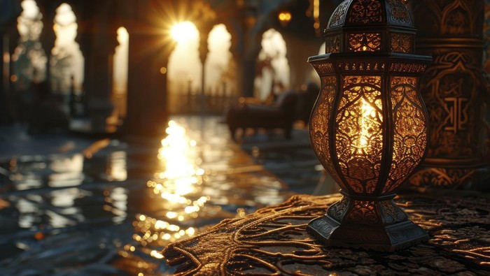 In this evocative image, a Ramadan lamp radiates warm light, casting a gentle glow in the surrounding space. Intricate patterns adorn its surface, creating a captivating play of shadows. The lamp stands as a symbol of illumination during the holy month, casting a serene ambiance that resonates with the spiritual essence of Ramadan. --chaos 28 --ar 3:2 --stylize 500 --v 6 Job ID: a7296162-7d45-4ce9-af82-4da8235c21bc
