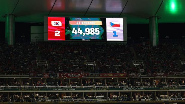 GUADALAJARA, MEXICO - JUNE 11: The LED Screen displays the match attendance of '44,985' during the FIFA World Cup 2026 Group A match between Korea Republic and Czechia at Guadalajara Stadium on June 11, 2026 in Guadalajara, Mexico. (Photo by Molly Darlington/Getty Images)