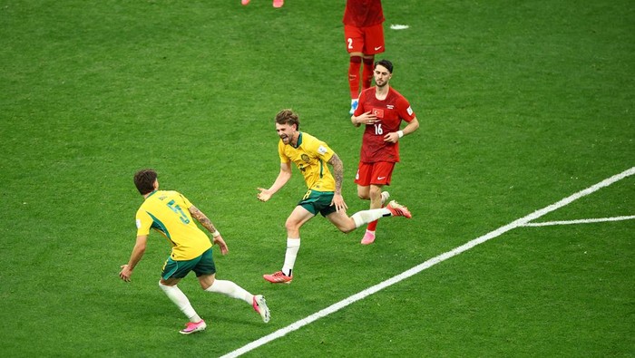Soccer Football - FIFA World Cup 2026 - Group D - Australia v Turkey - BC Place, Vancouver, Canada - June 13, 2026 Australias Connor Metcalfe celebrates scoring their second goal with Jordan Bos REUTERS/Agustin Marcarian