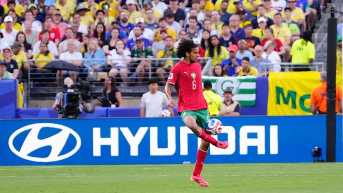 Ayyoub Bouaddi of Morocco controls the ball during the FIFA World Cup 2026 Group C match between Brazil and Morocco at New York New Jersey Stadium on June 13, 2026 in East Rutherford, New Jersey. (Photo by Jose Breton/Pics Action/NurPhoto via Getty Images)