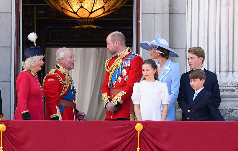 LONDON, ENGLAND - JUNE 13: (L-R) Queen Camilla, King Charles III, Prince William, Prince of Wales, Princess Charlotte of Wales, Catherine, Princess of Wales, Prince George of Wales and Prince Louis of Wales during Trooping The Colour on June 13, 2026 in London, England. Trooping The Colour is a ceremonial parade celebrating the official birthday of the British Monarch. The event features over 1400 soldiers of the Household Division and King's Troop Royal Horse Artillery, including over 400 musicians from the Massed Bands. (Photo by Karwai Tang/WireImage)