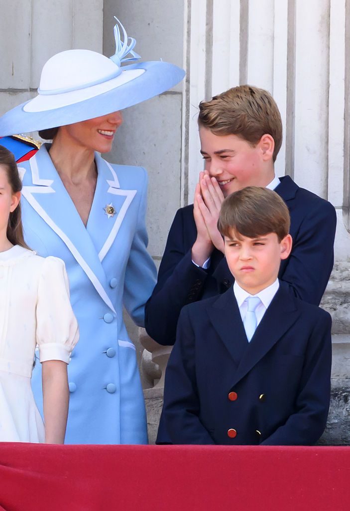 LONDON, ENGLAND - JUNE 13: Catherine, Princess of Wales, Prince George of Wales and Prince Louis of Wales during Trooping The Colour on June 13, 2026 in London, England. Trooping The Colour is a ceremonial parade celebrating the official birthday of the British Monarch. The event features over 1400 soldiers of the Household Division and King's Troop Royal Horse Artillery, including over 400 musicians from the Massed Bands. (Photo by Karwai Tang/WireImage)