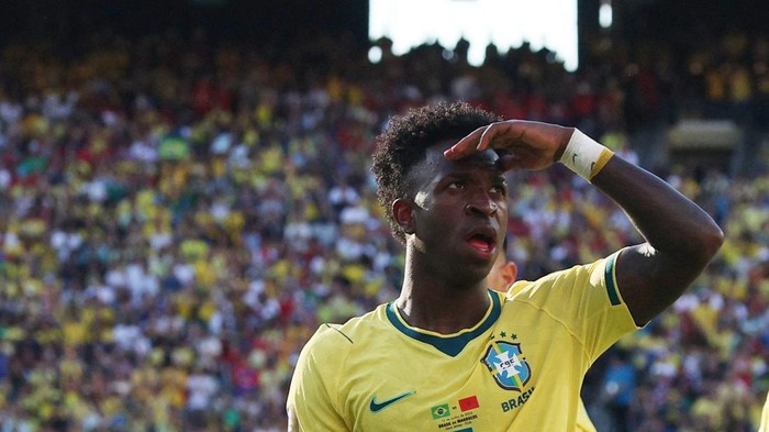 Soccer Football - FIFA World Cup 2026 - Group C - Brazil v Morocco - New York/New Jersey Stadium, East Rutherford, New Jersey, U.S. - June 13, 2026 Brazils Vinicius Junior celebrates scoring their first goal IMAGN IMAGES via Reuters/Vincent Carchietta
