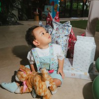 Baby Arash sendiri tampil menggemaskan kenakan overall berwarna biru muda dipadukan inner putih. Penampilannya dilengkapi dengan kaos kaki senada warna biru muda. Foto: Instagram/@thariqhalilintar