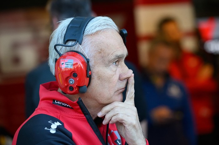 Executive chairman of Ducati Lenovo Team Davide Tardozzi looks on from the pits during the free practice session ahead of the Moto GP Grand Prix of France at Le Mans, northwestern France, on May 8, 2026. (Photo by Loic VENANCE / AFP)