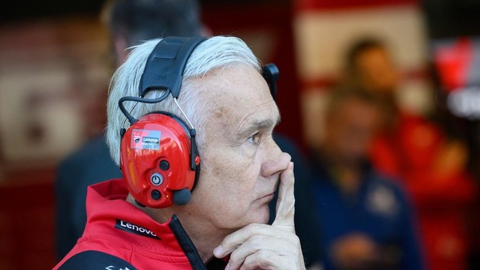 Executive chairman of Ducati Lenovo Team Davide Tardozzi looks on from the pits during the free practice session ahead of the Moto GP Grand Prix of France at Le Mans, northwestern France, on May 8, 2026. (Photo by Loic VENANCE / AFP)