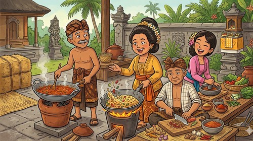 Ilustrasi tradisi mebat atau memasak hidangan bersama-sama di Bali. (Gemini AI)