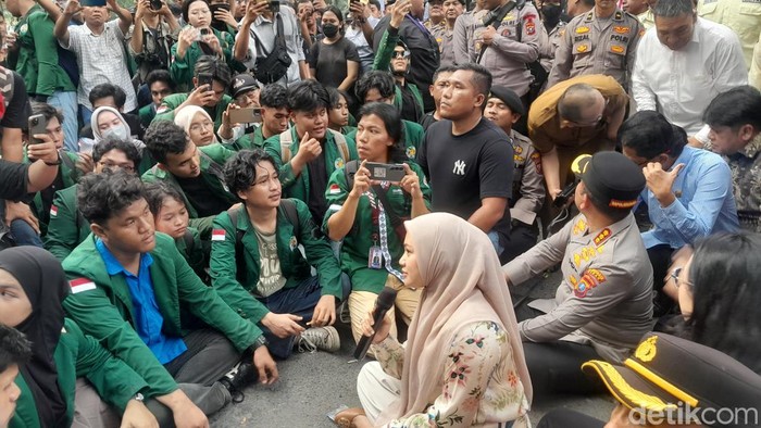 Ketua DPRD Sumut Erni Ariyanti menemui massa aksi (Nizar Aldi/detikSumut)