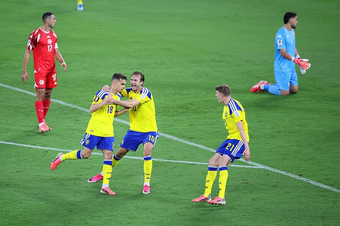 MONTERREY, MEXICO - JUNE 14: Yasin Ayari #18 of Sweden celebrates with teammates Alexander Bernhardsson #21 and Benjamin Nygren #10 after scoring his teams first goal during the FIFA World Cup 2026 Group F match between Sweden and Tunisia at Monterrey Stadium on June 14, 2026 in Monterrey, Mexico. (Photo by Manuel Velasquez - FIFA/FIFA via Getty Images)