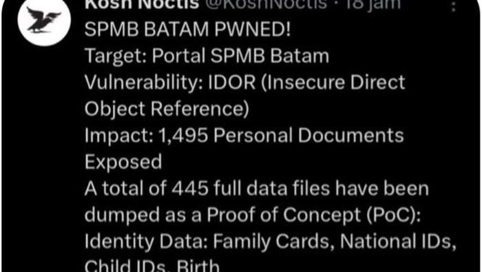 Tangkapan layar unggahan akun X yang mangaku meretas data pendaftar SPMB (dok. Istimewa)