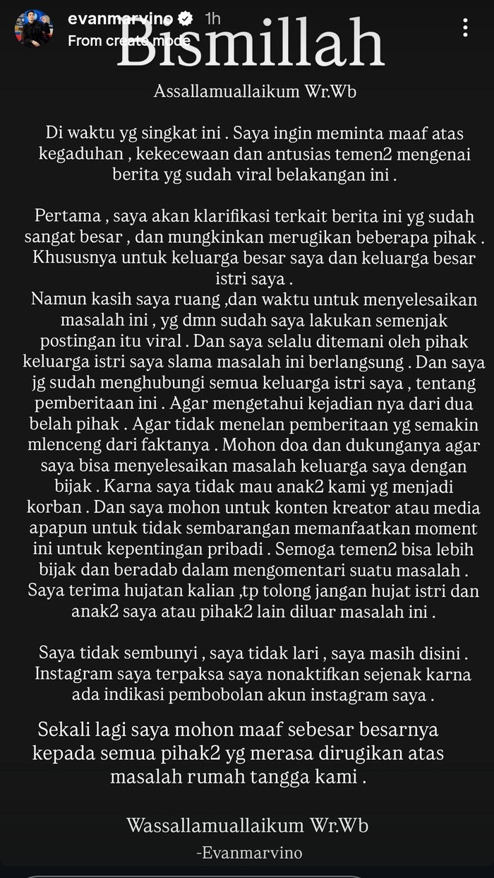 Evan Marvino bicara usai diduga lakukan KDRT terhadap istri.