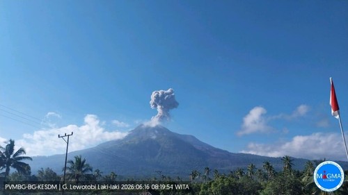 Gunung Lewotobi Laki-laki, Nusa Tenggara Timur meletus Selasa (16/6/2026). (Dok. PVMBG)