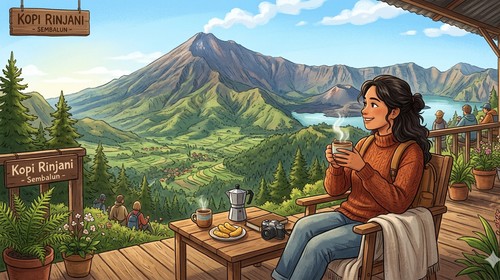 Ilustrasi minum kopi sambil menikmati pemandangan Gunung Rinjani. (Ilustrasi AI by Gemini)