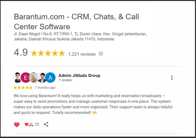 Rating Barantum di Google Bisnis mencapai 4,9/5 berdasarkan 1.221 ulasan pelanggan per 12 Juni 2026.