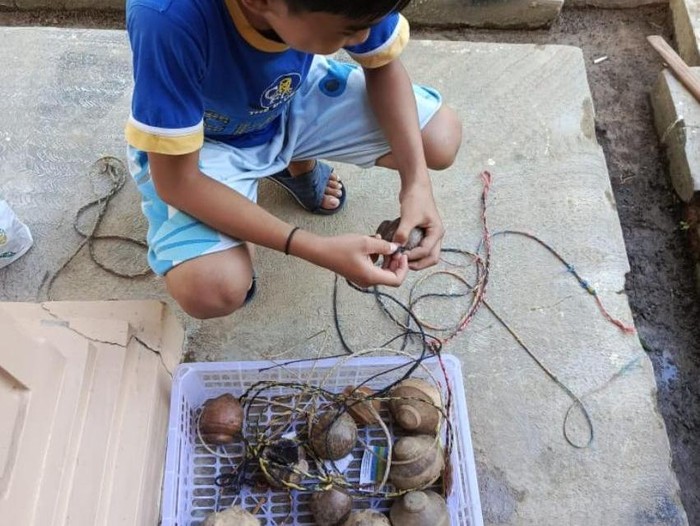Seorang anak sedang menyiapkan gasingnya. (Arsip Daerah Kutai Kartanegara)