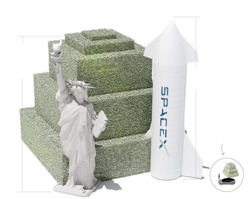 Begini jadinya apabila menyandingkan tumpukan uang setara valuasi SpaceX per 2026 yakni USD 1,77 triliun, dengan Patung Liberty setinggi 93 meter dan roket Starship setinggi 121-124 meter.
