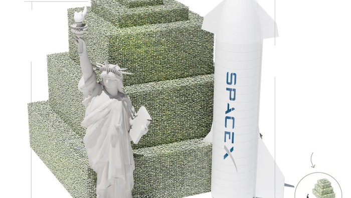 Begini jadinya apabila menyandingkan tumpukan uang setara valuasi SpaceX per 2026 yakni USD 1,77 triliun, dengan Patung Liberty setinggi 93 meter dan roket Starship setinggi 121-124 meter.