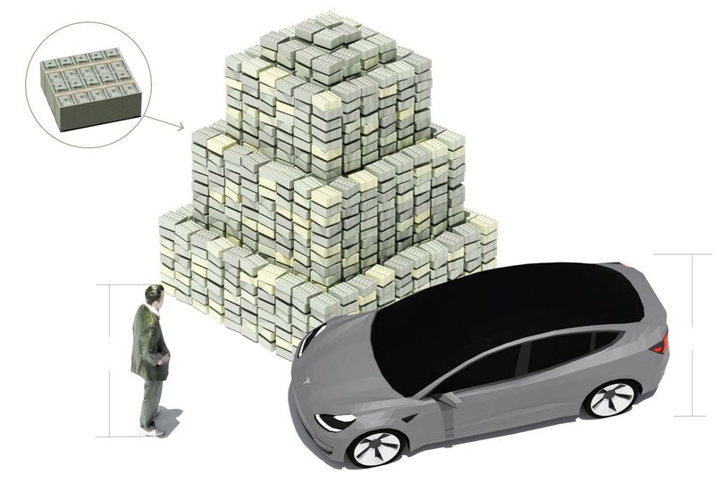Begini jadinya apabila menyandingkan tumpukan uang setara valuasi SpaceX per 2026 yakni USD 1,77 triliun, dengan Elon Musk dan mobil Tesla.