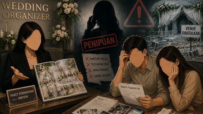 Ilustrasi kasus penipuan wedding organizer (dibuat dengan AI)