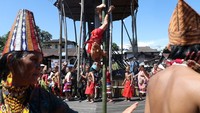 Seorang pria Suku Dayak Bidayuh memperagakan atraksi panjat bambu terbalik diiringi tari-tarian.