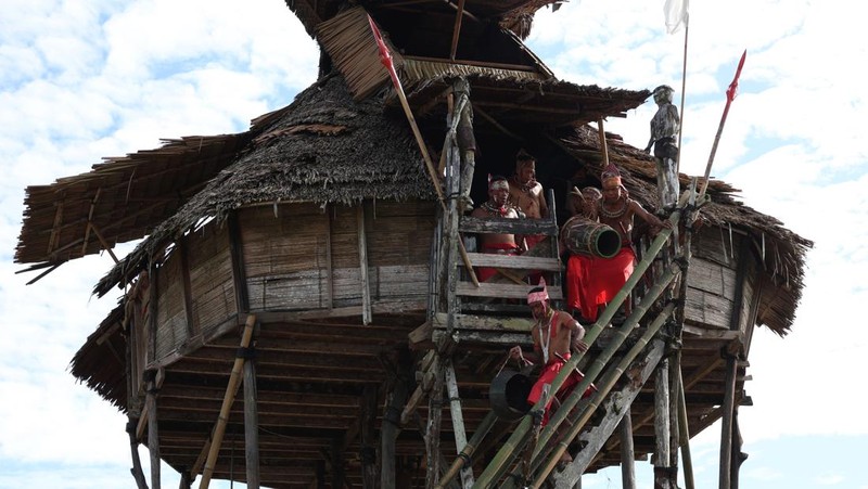 Seorang pria Suku Dayak Bidayuh mengayunkan tongkat bendera setelah berhasil mencapai puncak bambu usai beratraksi panjat bambu terbalik pada pelaksanaan Gawai Nyobeng atau Nibakng di Dusun Sebujit Baru, Desa Hlibuei, Kecamatan Siding, Kabupaten Bengkayang, Kalimantan Barat, Senin (15/6/2026). Atraksi yang menampilkan ketangkasan, kekuatan fisik, dan keseimbangan tersebut menjadi salah satu bagian dari rangkaian perayaan adat sebagai wujud pelestarian budaya masyarakat Dayak Bidayuh. ANTARA FOTO/Jessica Wuysang/bar