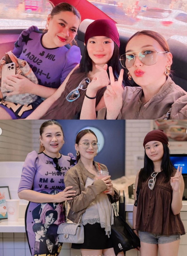 Penyanyi Vicky Shu tampil unik dengan dress ungu semi lengan balon. Uniknya dress bodycon itu disablon dengan foto para personil BTS, serta nama-namanya. Foto: Instagram