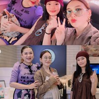 Penyanyi Vicky Shu tampil unik dengan dress ungu semi lengan balon. Uniknya dress bodycon itu disablon dengan foto para personil BTS, serta nama-namanya. Foto: Instagram