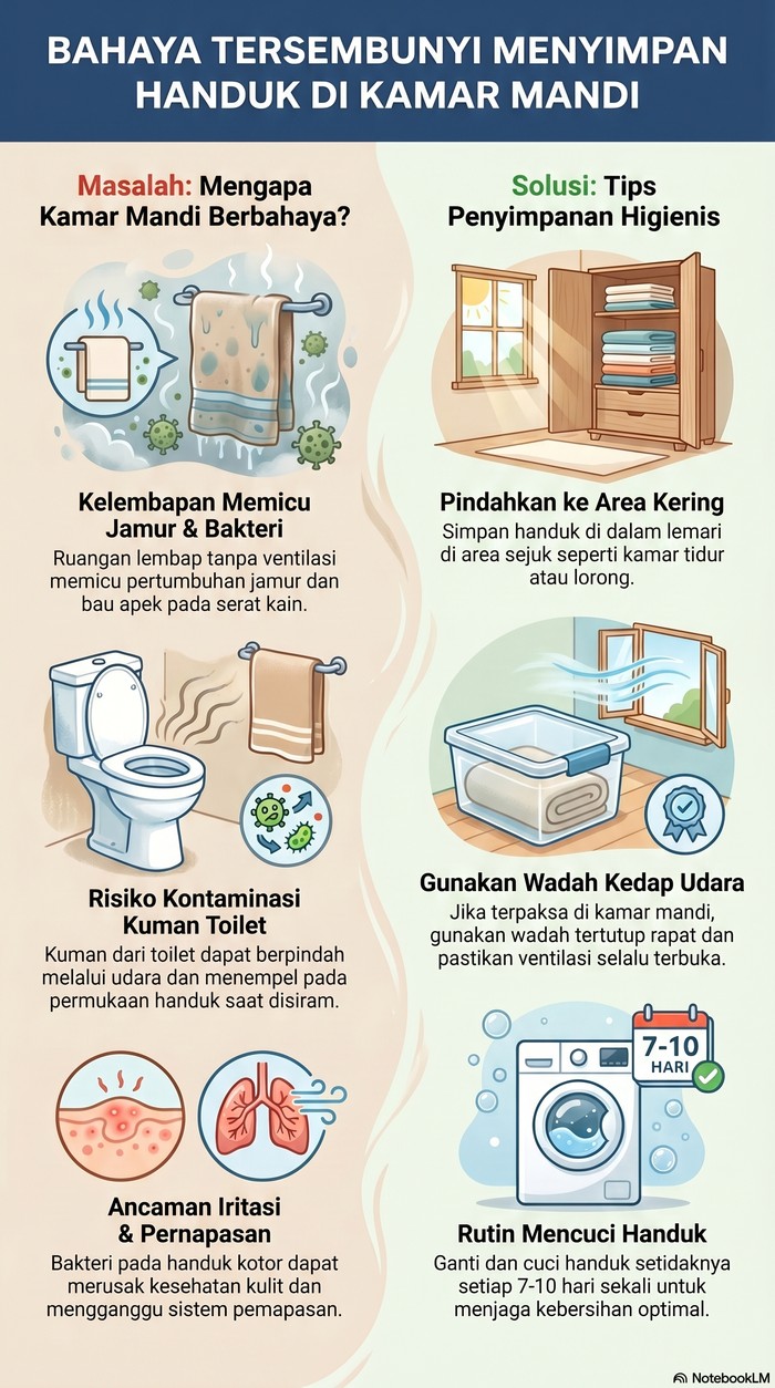 Infografis larangan menyimpan handuk di kamar mandi