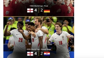 Ini adalah kali kedua Inggris menang 4-2 di Piala Dunia. Foto: X.com