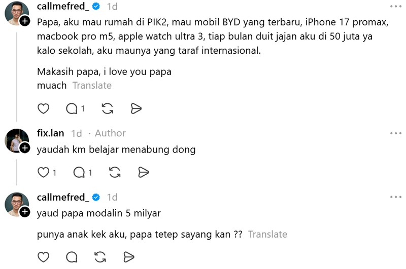 Di Threads, sempat viral cuitan akun @fix.lan yang mengajak orang menuliskan pesan kepada ayah mereka di kolom komentar. Jawabannya kocak sampai mengsedih.