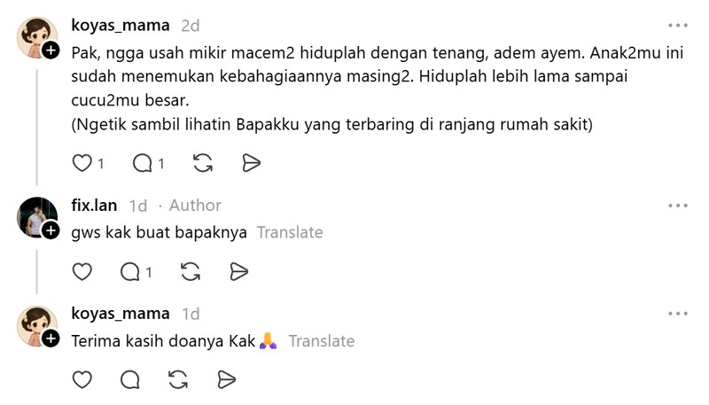 Di Threads, sempat viral cuitan akun @fix.lan yang mengajak orang menuliskan pesan kepada ayah mereka di kolom komentar. Jawabannya kocak sampai mengsedih.