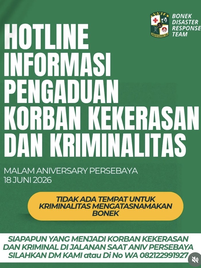 Hotline informasi pengaduan korban kekerasan dan kriminalitas saat HUT Persebaya ke-99.