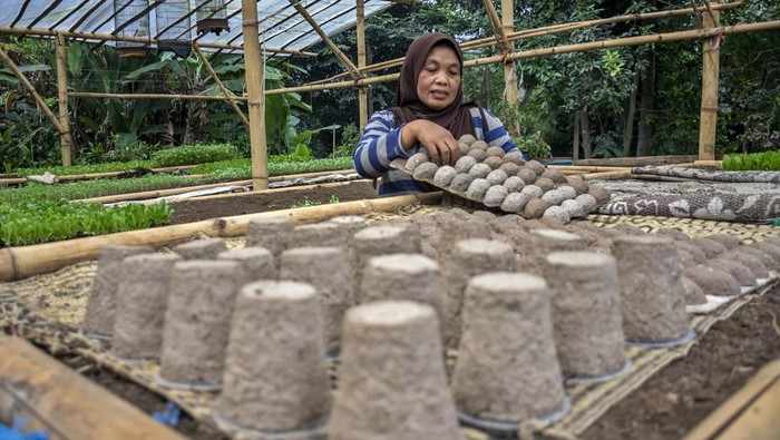 Perajin menjemur pot daur ulang dari limbah kertas di rumahnya di Lembang, Kabupaten Bandung Barat, Jawa Barat, Kamis (18/6/2026). Rumah produksi yang memberdayakan masyarakat sekitar tersebut mampu mengolah enam kilogram limbah kertas per hari menjadi berbagai produk suvenir seperti kertas benih, pensil benih hingga pot daur ulang yang ramah lingkungan serta dapat ditanam kembali dan telah dipasarkan hampir ke seluruh daerah di Indonesia dengan harga mulai dari Rp2.500 sampai Rp350 ribu. ANTARA FOTO/Abdan Syakura/nz