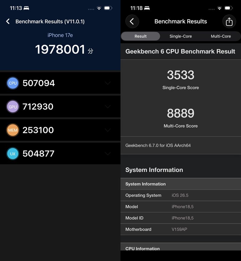Hasil benchmark iPhone 17e.