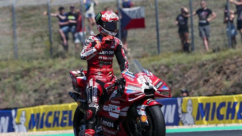 BRNO, CZECH REPUBLIC - JUNE 20: Francesco Bagnaia of Italy riding the Lenovo Ducati (63) waves to the crowd during the qualifying ahead of the MotoGP of  Czechia at Brno Circuit on June 20, 2026 in Brno, Czech Republic. (Photo by Gold & Goose Photography/Getty Images)