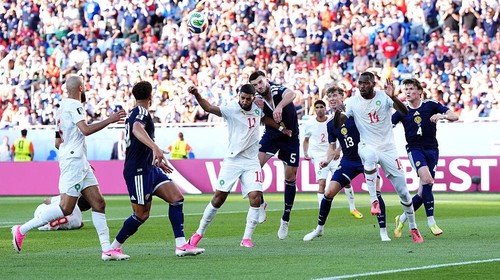Scotlands Grant Hanley (centre right) and Moroccos Ismael Saibari battle for a header during the FIFA World Cup Group C match at the Boston Stadium, Foxborough. Picture date: Friday June 19, 2026. (Photo by Nick Potts/PA Images via Getty Images)
