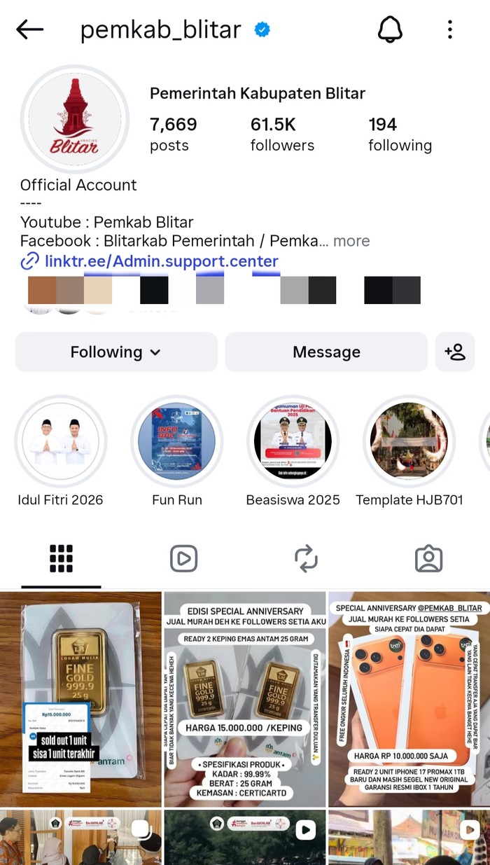 Tangkapan layar akun IG Pemkab Blitar yang diretas