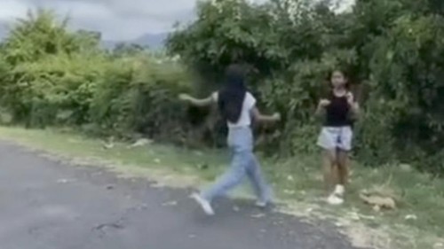 Dua remaja putri berkelahi di Jalan Gunung Lempuyang, Kelurahan Banjar Tegal, Buleleng. (Tangkapan layar video viral)