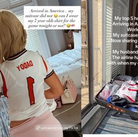Tiba di Amerika kemarin...koperku tidak sampai. Bolehkah aku memakai baju anakku yang berusia 7 tahun untuk pertandingan malam ini atau tidak? ungkapnya sambil memperlihatkan jersey kekecilan bertuliskan DADDY di bagian belakang. Foto: Instagram/TikTok Megan Pickford