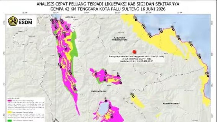 Peta potensi likuefaksi di Sulteng yang dirilis Badan Geologi.