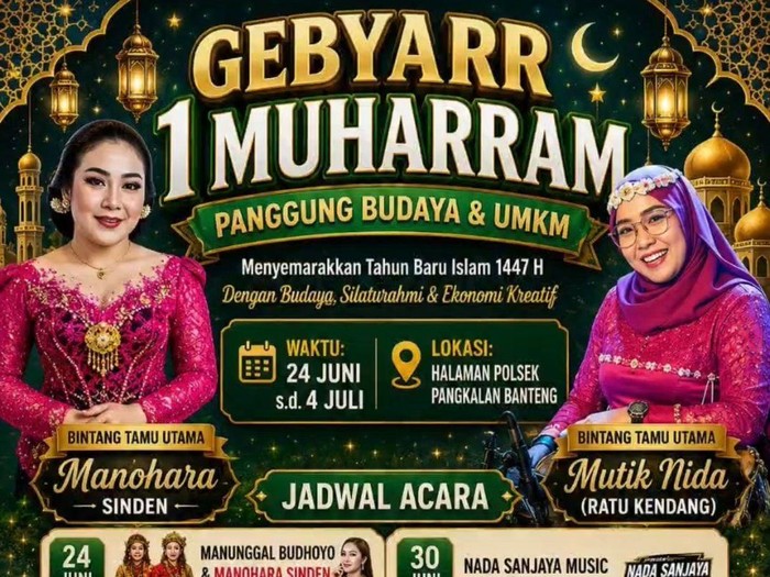 Poster acara panggung budaya dan UMKM menyambut Tahun Baru Hijriah dan HUT Bhayangkara di Polsek Pangkalan Banteng, Kotawaringin Barat, Kalteng.