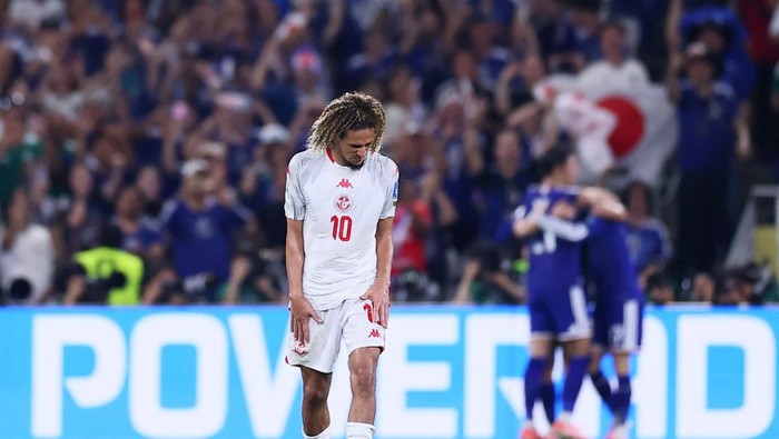 Soccer Football - FIFA World Cup 2026 - Group F - Tunisia v Japan - Estadio Monterrey, Monterrey, Mexico - June 20, 2026 Tunisias Hannibal Mejbri looks dejected after Japans Ayase Ueda scored their fourth goal REUTERS/Eloisa Sanchez