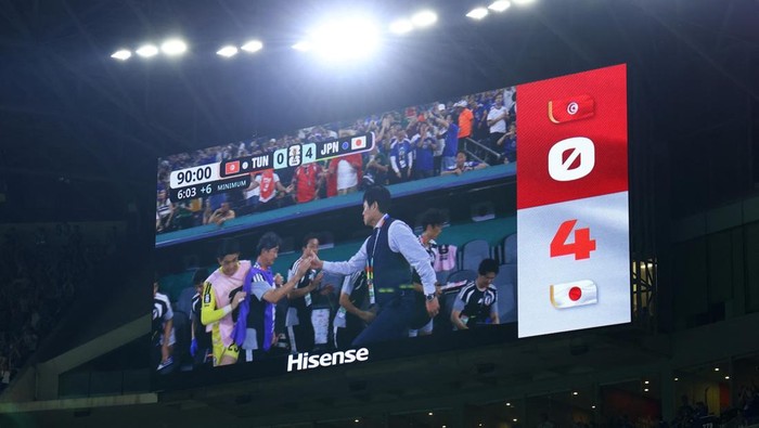 Soccer Football - FIFA World Cup 2026 - Group F - Tunisia v Japan - Estadio Monterrey, Monterrey, Mexico - June 20, 2026 Big screen inside the stadium displays the final score after the match REUTERS/Daniel Becerril